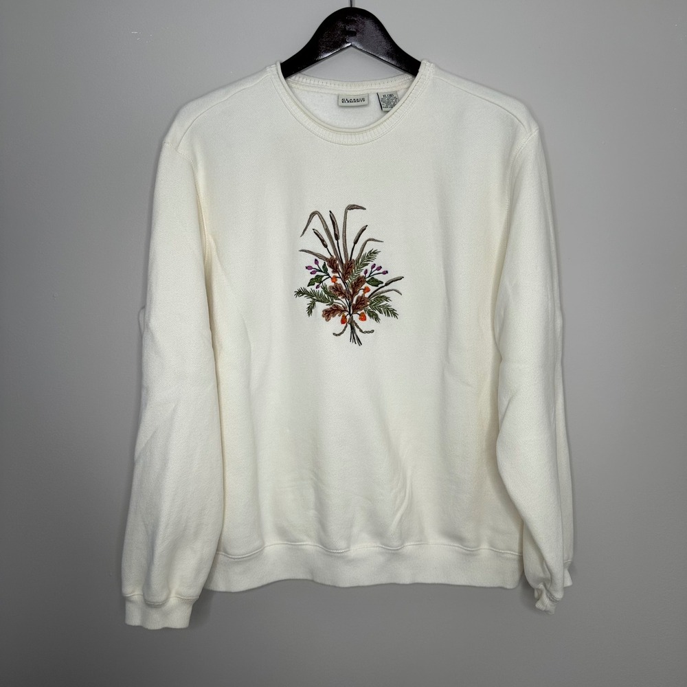 Classic Elements Women's Cream Floral Embroidered‎ Crewneck Sweatshirt XL